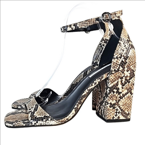 Chelsea & Violet Tara Leather Snake Print Block Heel Ankle Strap Sandal